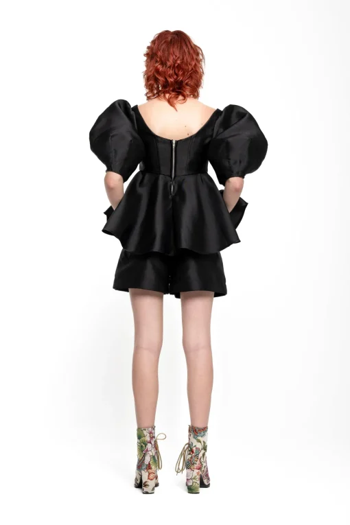 BLACK MIKADO TOP WITH PEPLUM AND BALLON SLEEVES
