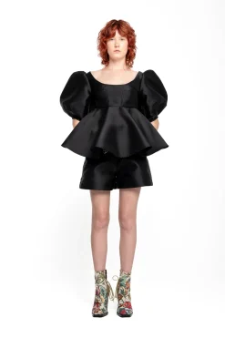 BLACK MIKADO TOP WITH PEPLUM AND BALLON SLEEVES