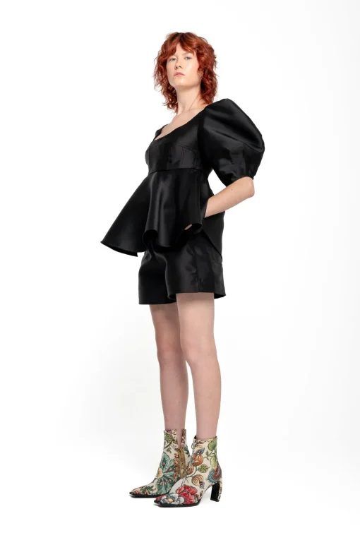 BLACK MIKADO TOP WITH PEPLUM AND BALLON SLEEVES