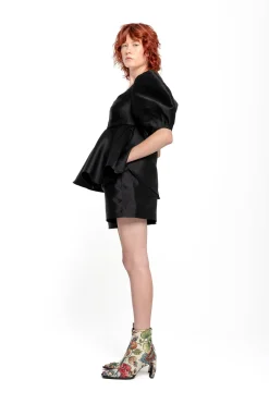 BLACK MIKADO TOP WITH PEPLUM AND BALLON SLEEVES