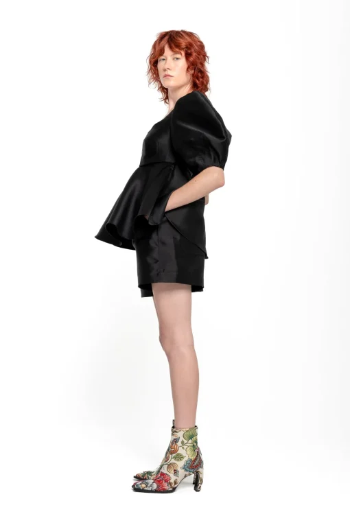 BLACK MIKADO TOP WITH PEPLUM AND BALLON SLEEVES