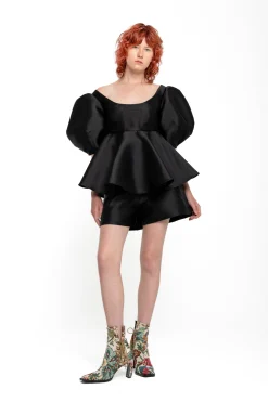 BLACK MIKADO TOP WITH PEPLUM AND BALLON SLEEVES