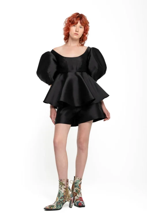 BLACK MIKADO TOP WITH PEPLUM AND BALLON SLEEVES
