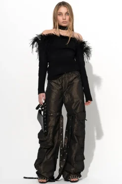 BLACK OFF SHOULDER TOP WITH FEATHERS
