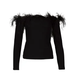 BLACK OFF SHOULDER TOP WITH FEATHERS