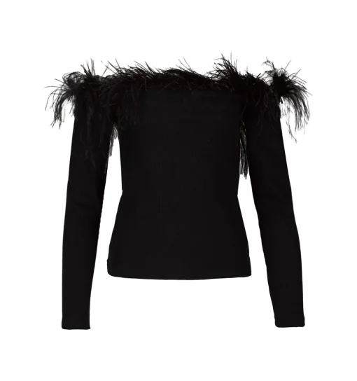 BLACK OFF SHOULDER TOP WITH FEATHERS