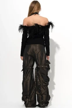 BLACK OFF SHOULDER TOP WITH FEATHERS