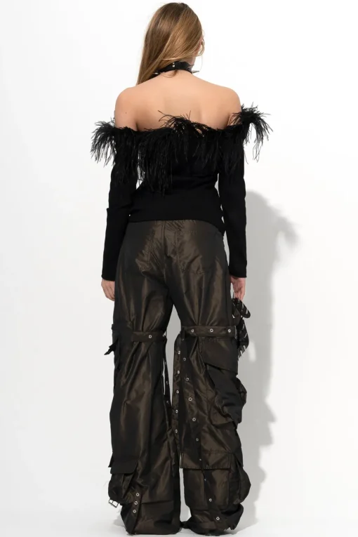 BLACK OFF SHOULDER TOP WITH FEATHERS