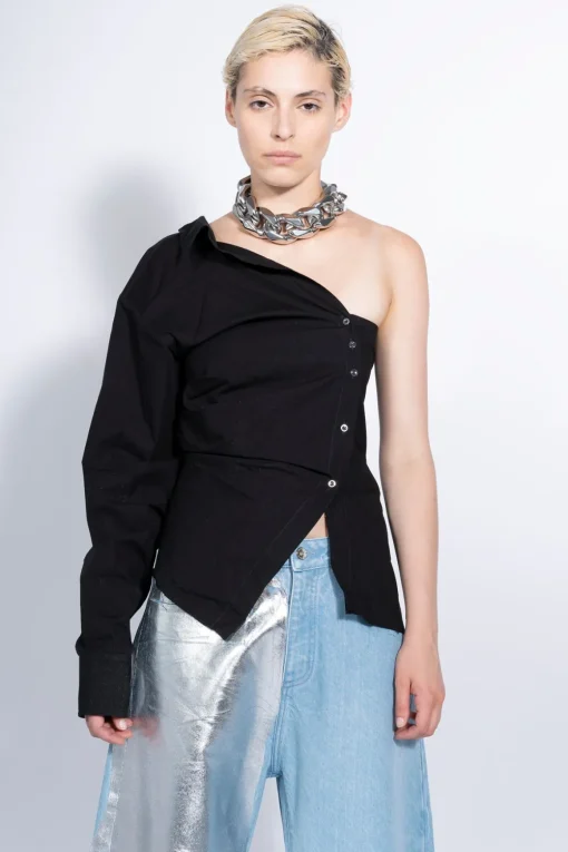 BLACK ONE SHOULDER DRAPED SHIRT