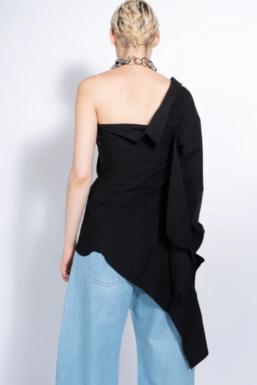 BLACK ONE SHOULDER DRAPED SHIRT