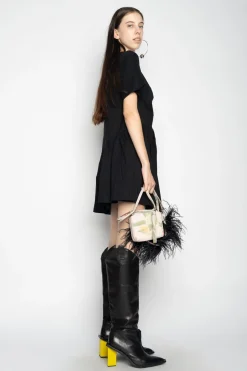 BLACK PANELLED GATHERED DRESS