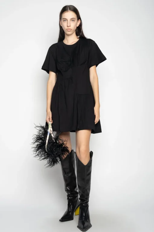 BLACK PANELLED GATHERED DRESS