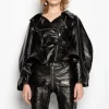 BLACK POINTY NECK LEATHER JACKET