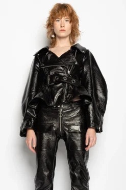 BLACK POINTY NECK LEATHER JACKET