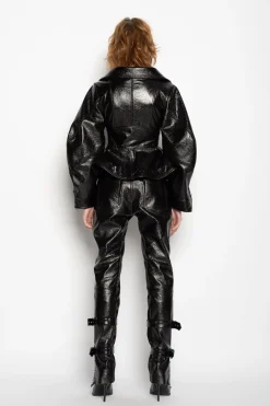 BLACK POINTY NECK LEATHER JACKET