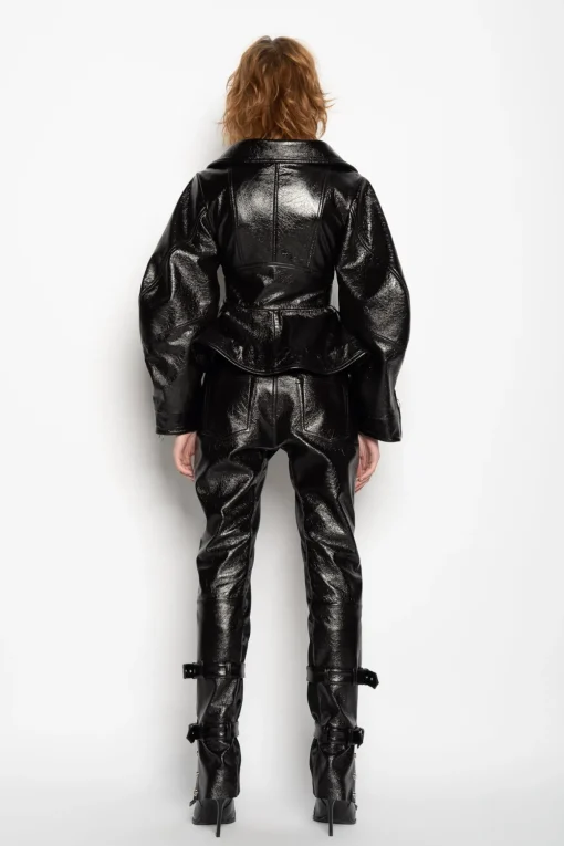 BLACK POINTY NECK LEATHER JACKET