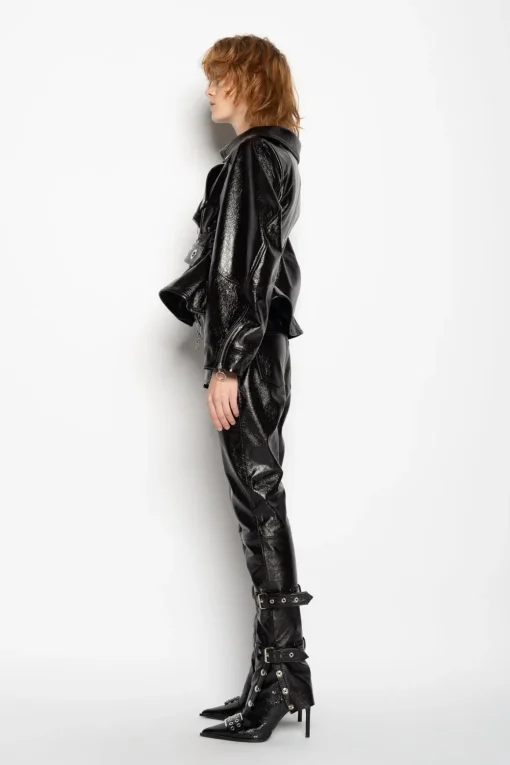 BLACK POINTY NECK LEATHER JACKET