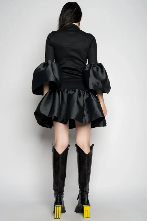 BLACK PUFF SLEEVE AND HEM DRESS