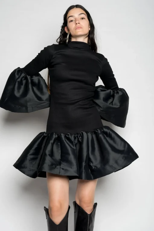BLACK PUFF SLEEVE AND HEM DRESS
