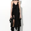 BLACK STRAP DRESS WITH ASYMMETRIC CASCADING FRILLS