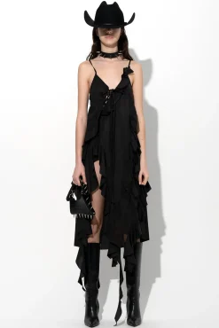 BLACK STRAP DRESS WITH ASYMMETRIC CASCADING FRILLS