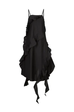BLACK STRAP DRESS WITH ASYMMETRIC CASCADING FRILLS
