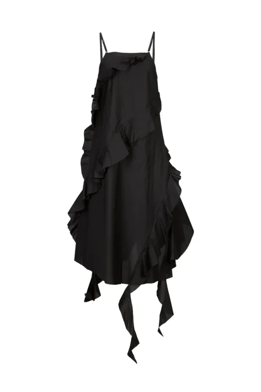 BLACK STRAP DRESS WITH ASYMMETRIC CASCADING FRILLS