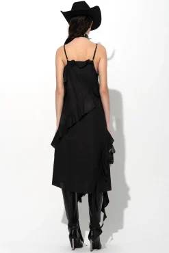 BLACK STRAP DRESS WITH ASYMMETRIC CASCADING FRILLS