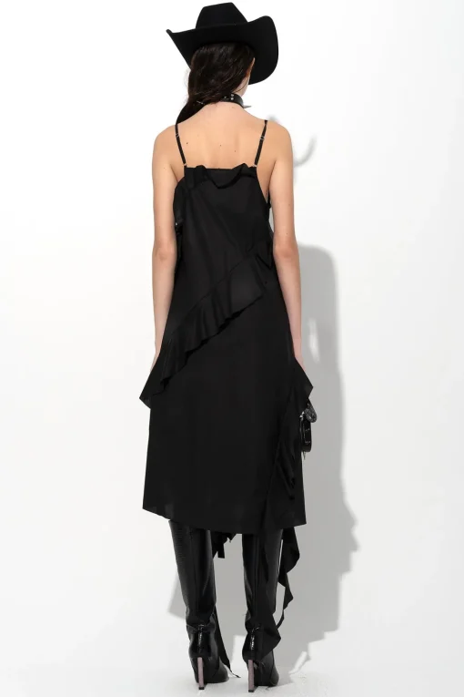 BLACK STRAP DRESS WITH ASYMMETRIC CASCADING FRILLS