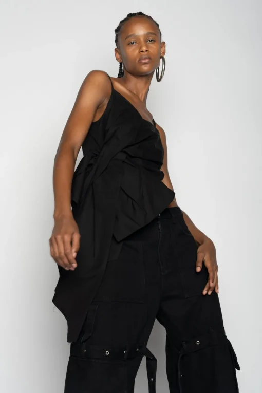 BLACK STRAP TOP WITH SIDE DRAPE