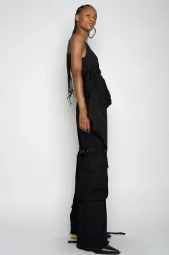 BLACK STRAP TOP WITH SIDE DRAPE