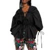 BLACK WRINKLED COTTON LACES RUCHED BLOUSE