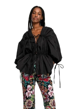 BLACK WRINKLED COTTON LACES RUCHED BLOUSE