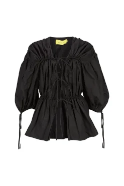 BLACK WRINKLED COTTON LACES RUCHED BLOUSE