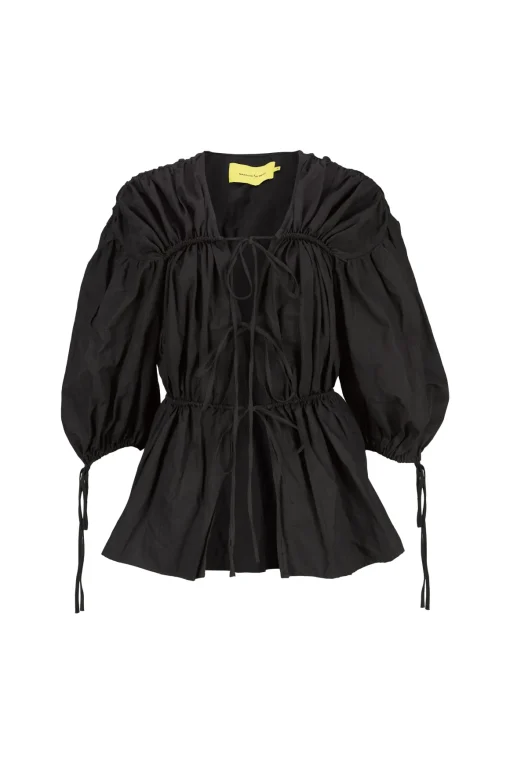 BLACK WRINKLED COTTON LACES RUCHED BLOUSE