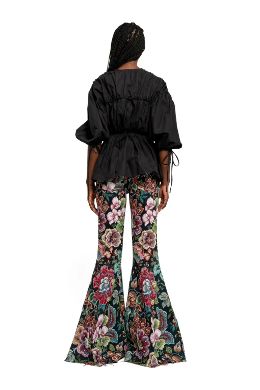 BLACK WRINKLED COTTON LACES RUCHED BLOUSE