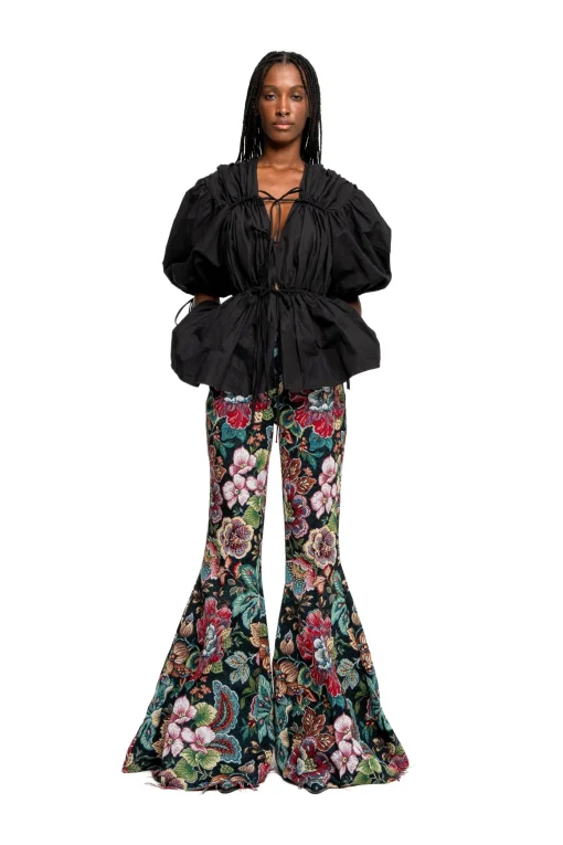 BLACK WRINKLED COTTON LACES RUCHED BLOUSE