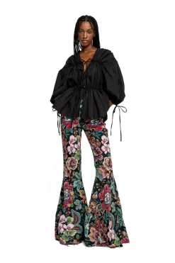 BLACK WRINKLED COTTON LACES RUCHED BLOUSE