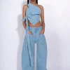 BLUE DENIM PATCH POCKET BOYFRIEND TROUSERS