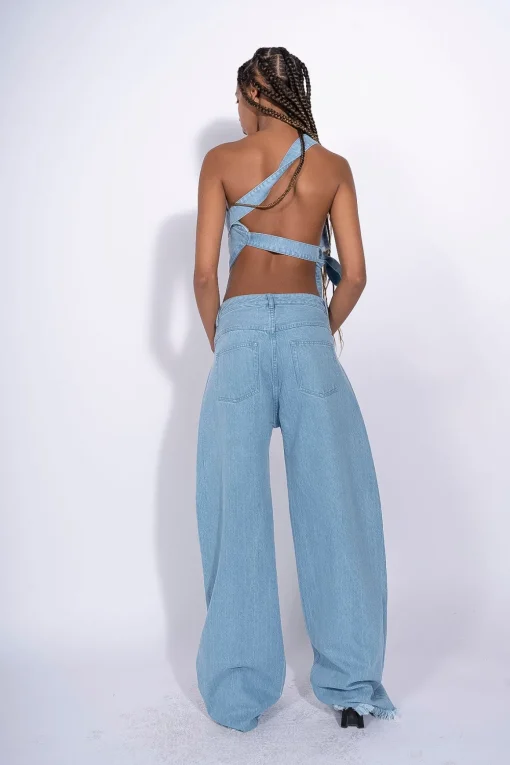 BLUE DENIM PATCH POCKET BOYFRIEND TROUSERS