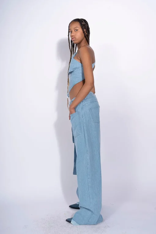 BLUE DENIM PATCH POCKET BOYFRIEND TROUSERS