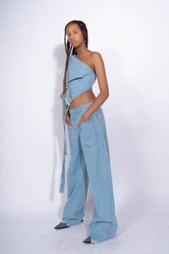 BLUE DENIM PATCH POCKET BOYFRIEND TROUSERS