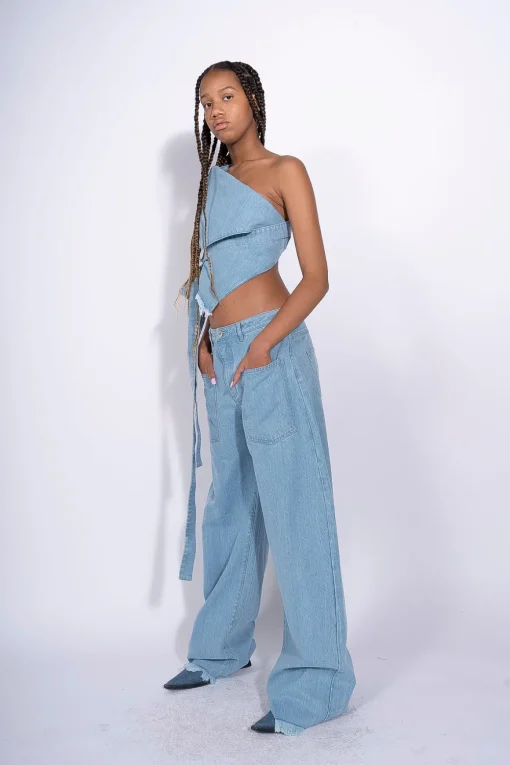 BLUE DENIM PATCH POCKET BOYFRIEND TROUSERS