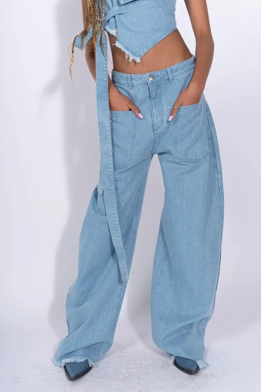 BLUE DENIM PATCH POCKET BOYFRIEND TROUSERS