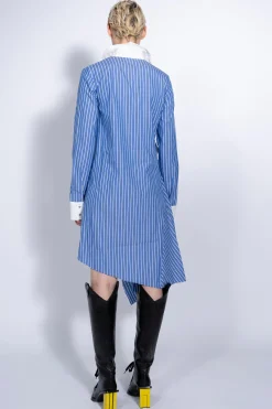 BLUE STRIPED SHIRT DRESS WITH SIDE BOW
