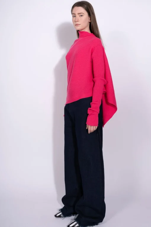 BRIGHT PINK DRAPED JUMPER IN MERINO KNIT