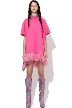 BRIGHT PINK FEATHER HEM T-SHIRT DRESS