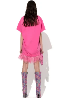 BRIGHT PINK FEATHER HEM T-SHIRT DRESS