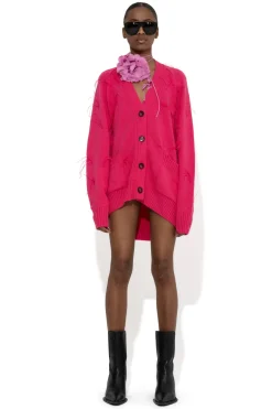 BRIGHT PINK MERINO WOOL OVERSIZE CARDIGAN WITH FEATHERS