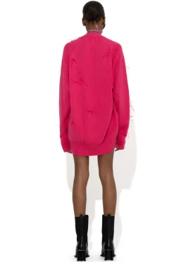 BRIGHT PINK MERINO WOOL OVERSIZE CARDIGAN WITH FEATHERS